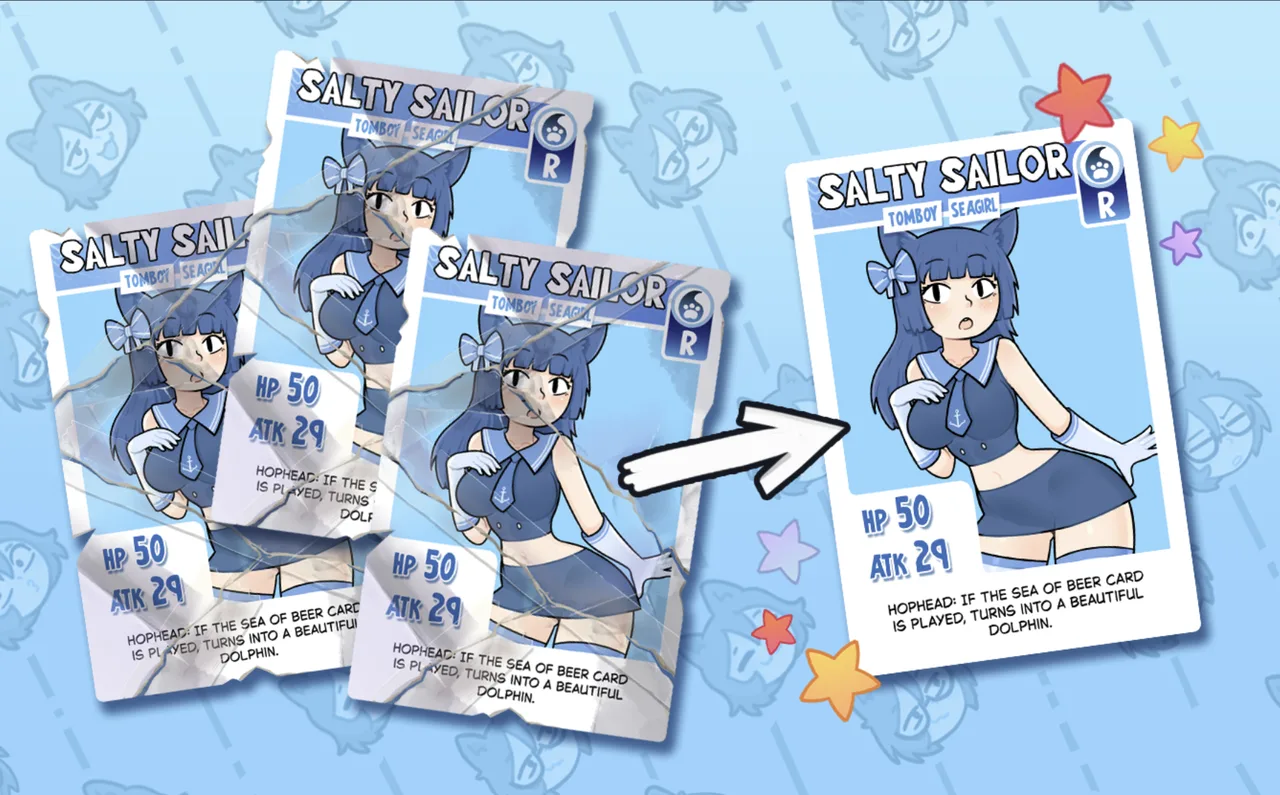 Official KOTAMON patch image showing three damaged Salty Sailor copies exchanged for one higher-quality card
