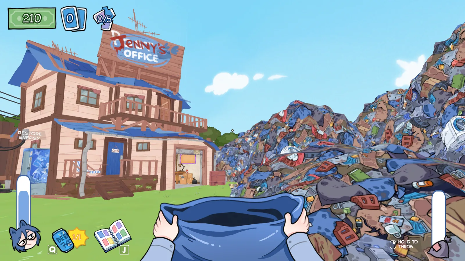 Official KOTAMON gameplay screenshot of Jenny's office and the surrounding trash piles